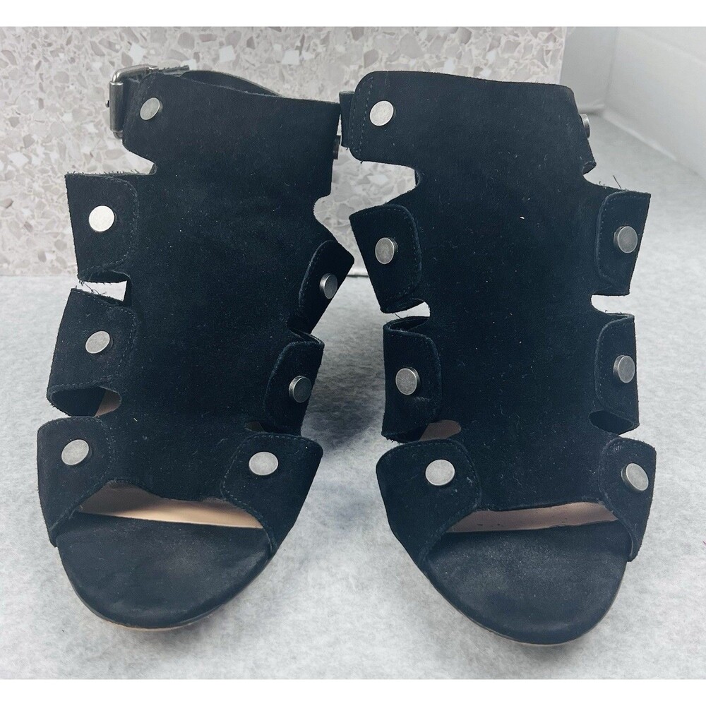 Audrey Brooke Katy Womens 8.5 Black Suede Cutout Strappy Block Heel Sandals - Picture 2 of 12